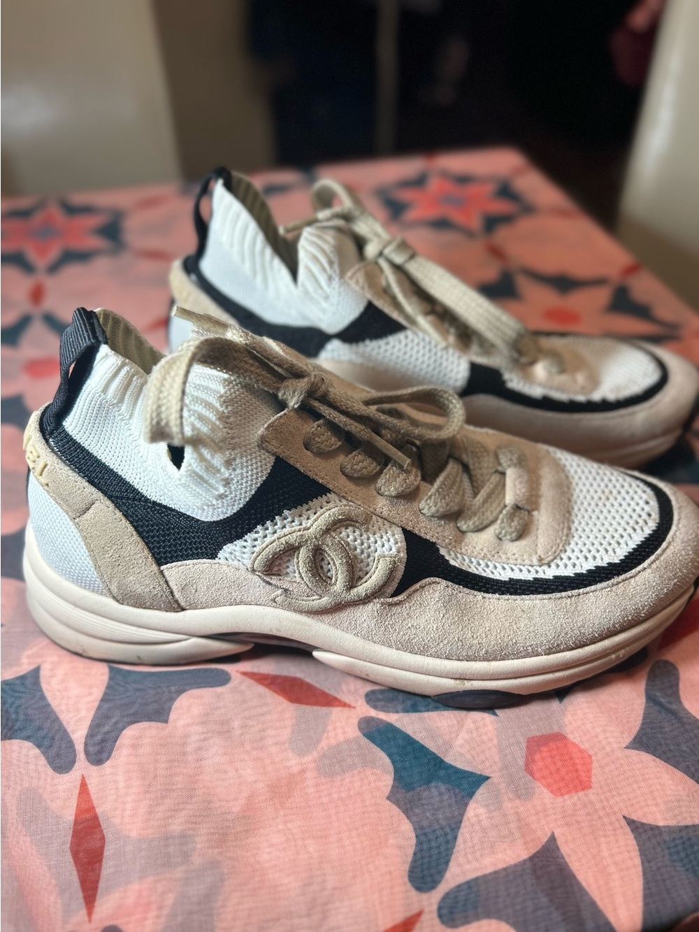 CHANEL Women’s  Beige and Black Knit & Suede Sneaker